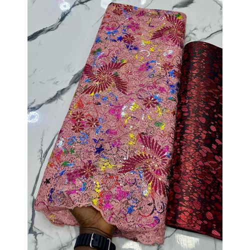 Sequin Guipure Lace Fabric - Onion Pink / Dusty Rose Multicolor Floral Embroidered with Rainbow Thread and Gold Sequin Detailing