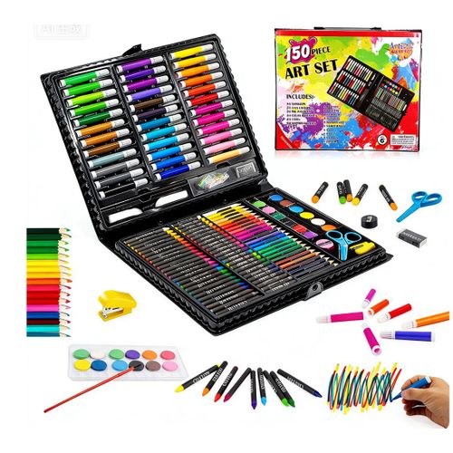 150 Piece Drawing Painting Supplies Set Markers Oil Pastels Crayons Colour Pencils Portable Colouring Kit