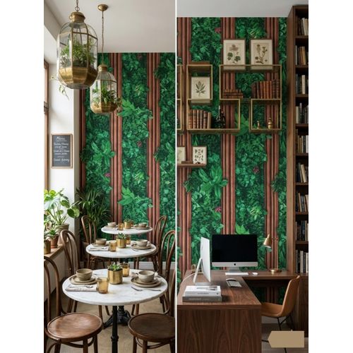 Modern 3D Foliage & Warm Teak Timber Slat Wallpaper – Premium Textured Vinyl