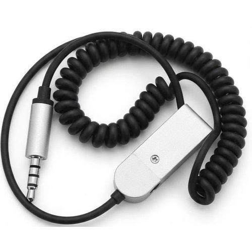3.5mm Coiled Auxiliary Audio Cable with In-Line Mic and Silver Housing, Flexible Spring Stereo Aux Cord for Smartphones, Laptops, and Car Audio Systems