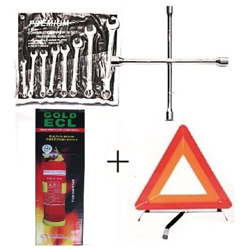 Car Safety Fire Extinguisher + Wheel Spanner + 8 Pcs Flat & Ring Spanner + C-Caution Sign