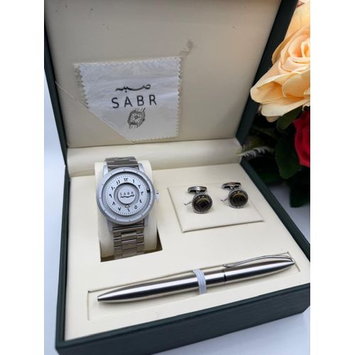 Attractive Sophisticated Chain Designer Silver Magnetic Wristwatch + Cufflink & Pen