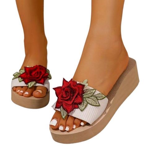 Women’s Floral Rose Wedge Sandals – Elegant Open-Toe Platform Slippers