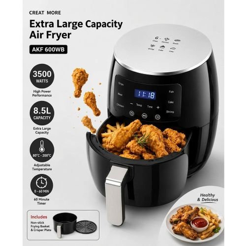 8.5L Oil-Free Electric Air Fryer with Digital Touch Control - Black & Silver