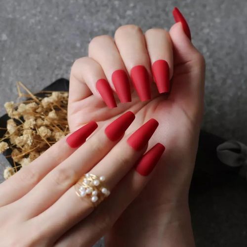 24pcs Rich Red Matte Medium Coffin Press On Nails