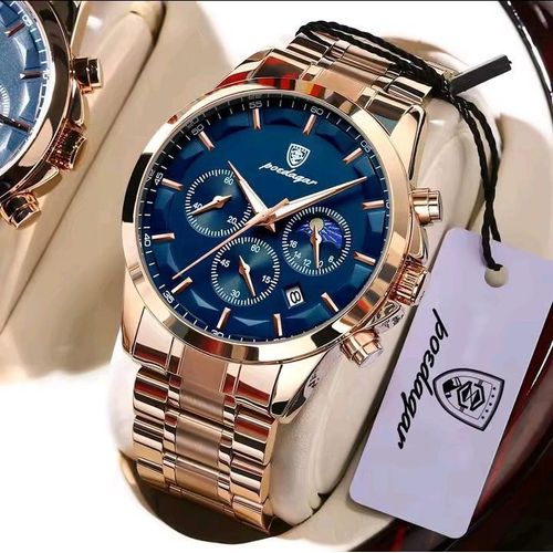 Men Chronograph High Model Stainless Steel Wristwatch Rose gold And Blue face