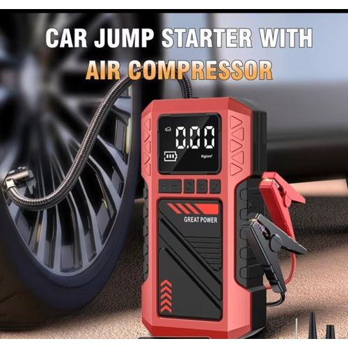 Rechargeable Portable Tyre Air Compressor, Inflator, Jumpstarter with Built-in 8000mAh High-Capacity Battery, 8000A Heavy-Duty Car Jump Starter Pack, Automotive Emergency Starter, Featuring Digital Display and LED Flashlight, Durable Construction