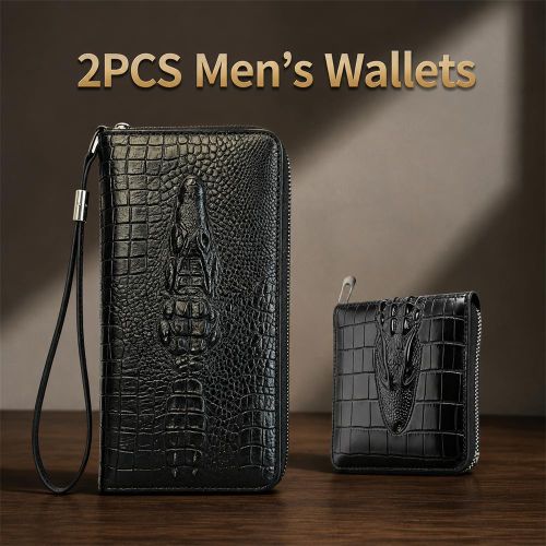 2PCS Men's Stylish Wallet Zipper Coin Purse,Men Bifold PU Leather Mini Wallet,Vintage Long Size Men's Wallet