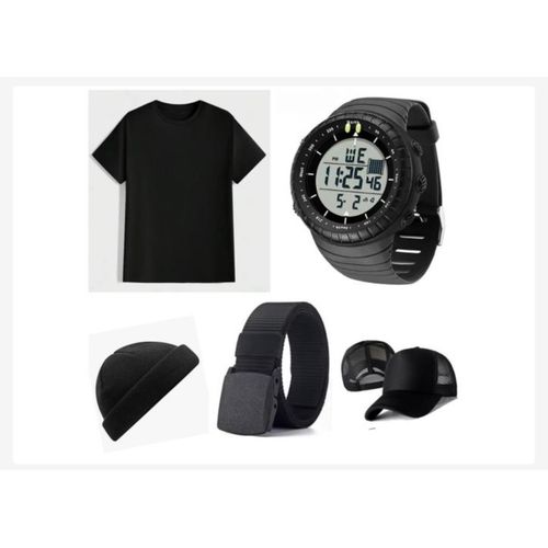 5 IN 1 DARK GREEN CLASSIC UNISEX GIFT SET WITH MULTI FUNCTIONAL DIGITAL WATERPROOF SPORT WATCH WRISTWATCH AND FACE CAP BEANIE AND BELT