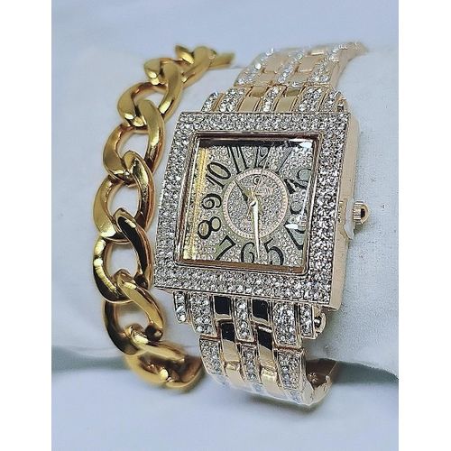 Women Gold Wristwatch & Gold Necklace