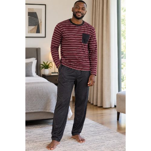 Mens Cozy Two Piece Pyjamas Loungewear Set - Wine and Grey