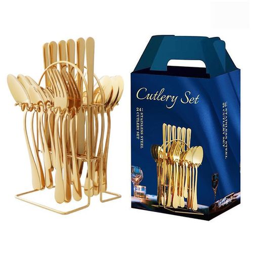 24-piece gold stainless steel cutlery set with a stand.