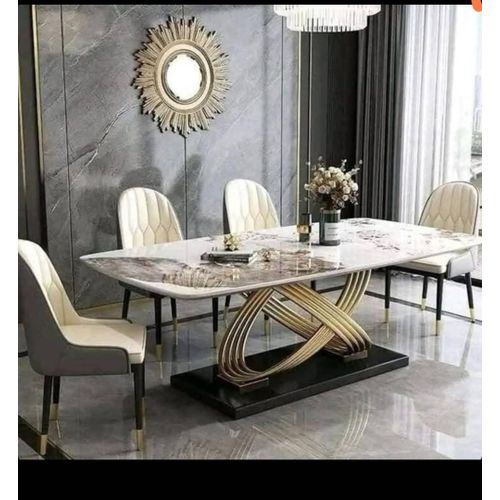 Premium 6 Seater Marble Dining Table Set - Sintered Stone Dining Table with Gold Twisted Base + 4/6 Leather Chairs - Modern Dining Set