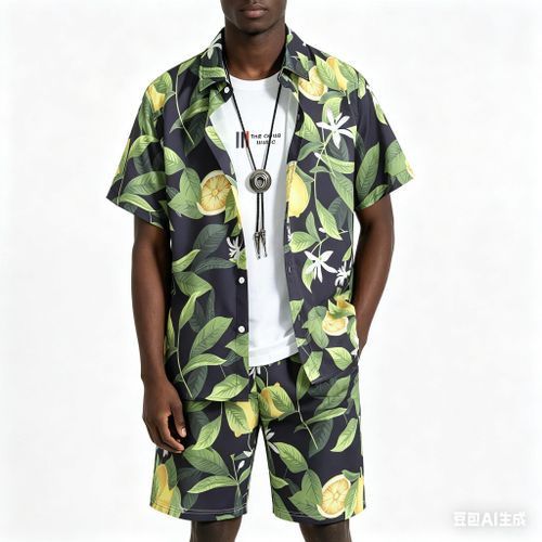 Men's 2 Piece Flower Button Down Shirts and Shorts-Yellow