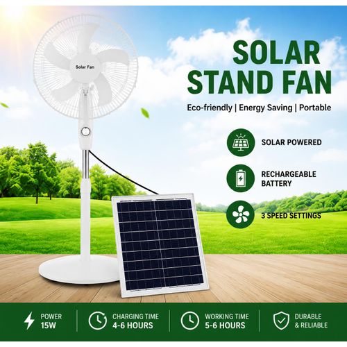16-Inch Solar Rechargeable Standing Fan – 15W Powerful Cooling, Lithium Battery, 3 Speed, 5–6H Backup