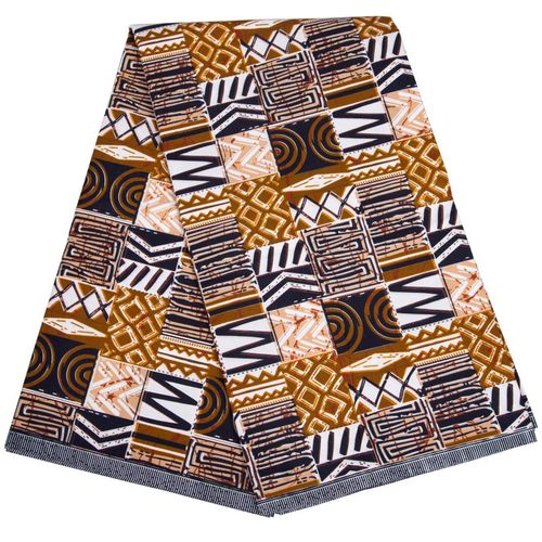 Brown Tribal Patchwork African Wax Print Fabric – 6 Yards Polyester, Geometric Pattern