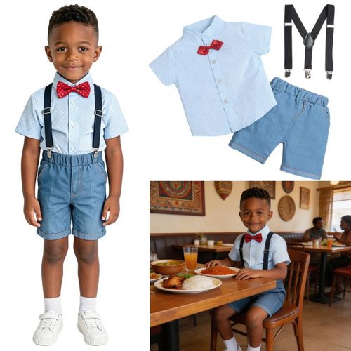 3-6 Years Boys' 4PCS Gentleman Suit Set - Cotton Polka Dot Short Sleeve Shirt, Denim Shorts,Bowtie & Suspenders 4-Piece Outfit - Smart Church & Party Wear