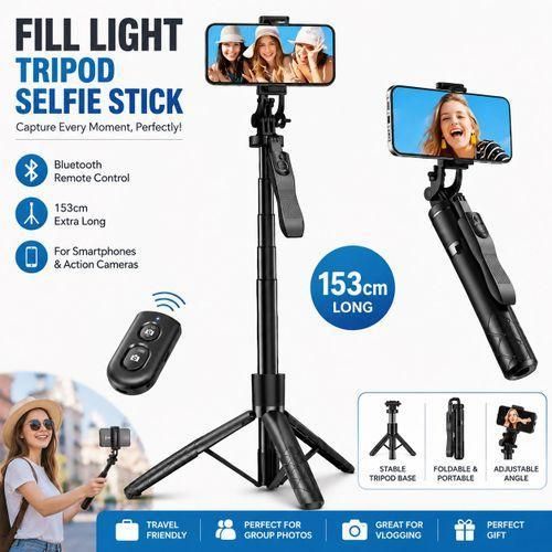 Bluetooth Selfie Stick Tripod with Remote & Fill Light - Black