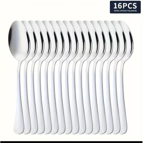 16pcs Silvery Stainless Steel Spoon Set - Includes Soup Spoon, Tablespoon, and Stirring Spoon - Ideal for Soups, Coffee, and Desserts - Dishwasher Safe - Essential Kitchen and Dining Utensils, Flatware Set, Kitchenware