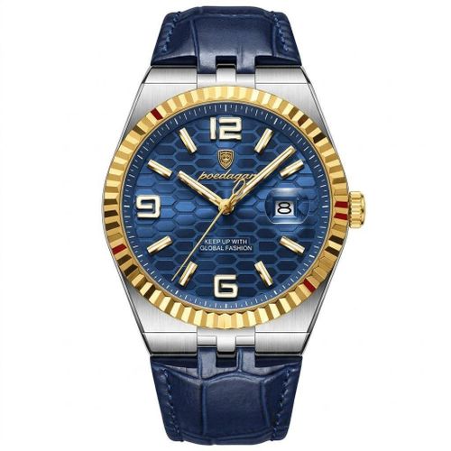 Men's Two-Tone Sport-Luxury Watch with Royal Blue Honeycomb Dial and Navy Leather Strap