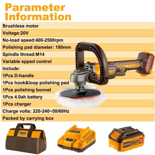 Cordless 20V Brushless Polisher – 180mm Heavy-Duty Variable Speed Buffer Kit