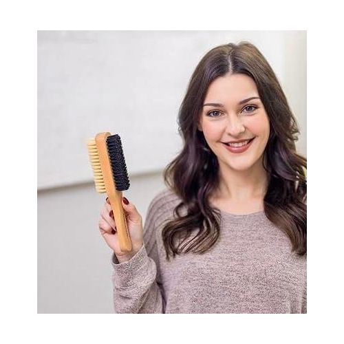 Double Sided Boar Bristle Hair Brush - Soft Hard Finishing & Smoothing Hairbrush for Slick Back to Style, Polish, & Lay Down Hair Flat to Create a Sleek Hairstyle for Bun, Slickback