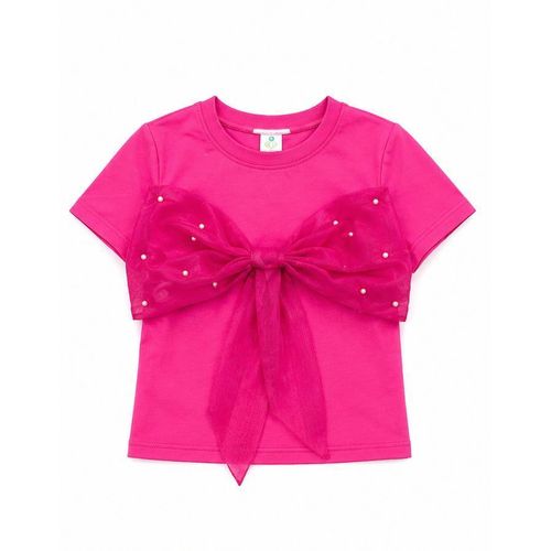 Girls' Hot Pink Short-Sleeve T-Shirt with an Organza Pearl Bow