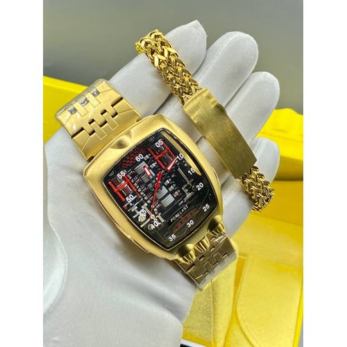 Exclusive Big Engine Stylish Forever Lasting & Non Fading Gold Wristwatch + Bracelet