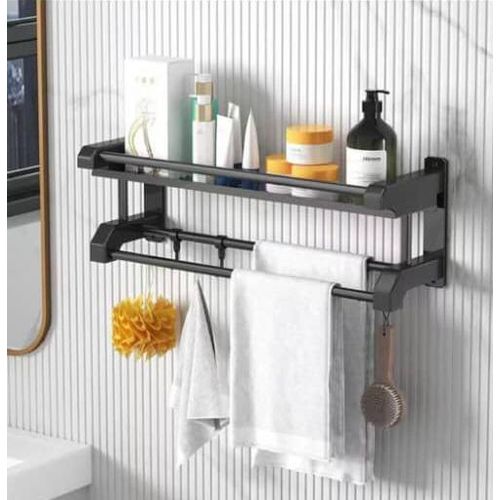 Bathroom Towel Rack Shelf Shower Caddy with 6 Hooks Wall Mounted Storage Shelves