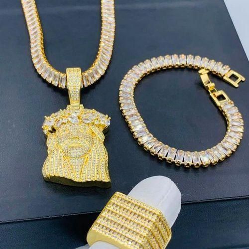 VERY ICY SO SO ICY IT WILL BLIND YOU Gorgeous Tenis Chain + Jesus Pendant With ICY Ring & Armlet
