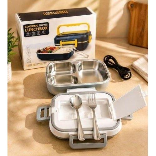 3-Compartment Electric Heated Lunch Box Food Warmer With Stainless Steel Tray & Cutlery Set