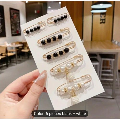 6-Piece Glamorous Pearl & Bead Safety Pin Set - Versatile Waist Adjuster, Brooch Pins, and Clothing Tightener for Dresses & Pants (Black and White)