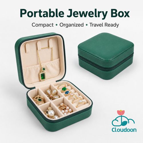 Portable Jewelry Box, Removable Dividers, PU Leather - Dark Green
