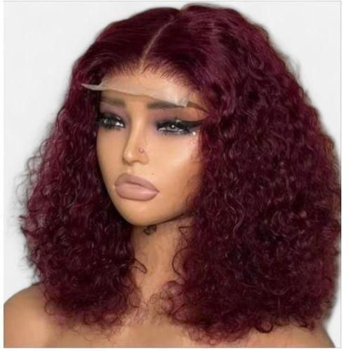 Super soft budget pixie curl wig with T frontal burgundy color