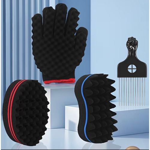 4pcs/Set Magic Twist Hair Sponges Set, Big Holes Sponge Brush for Hair, Curling Sponge Glove for Men Women Curls with Metal Afro Pick