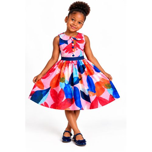 Girls’ Multicolour Floral Print Party Dress with Peter Pan Collar