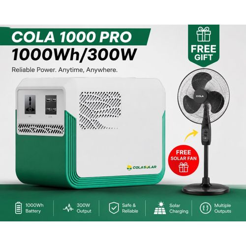 COLA 1000 Pro Solar Generator (1000Wh / 300W Output) – Reliable Power Solution for Every Nigerian Home With free 200w solar panels and solar fan with 5yrs warranty