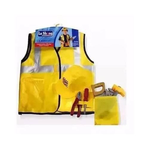 Kids Construction Worker Costume Role Play Set With Vest, Hat & Toy Tools