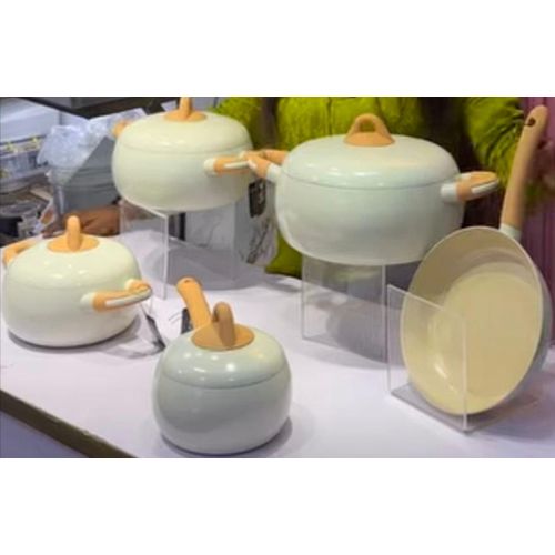 5-Piece Ceramic Non-Stick Cookware Set with Round Dome Lids and Ergonomic Handles in White with Free Gift