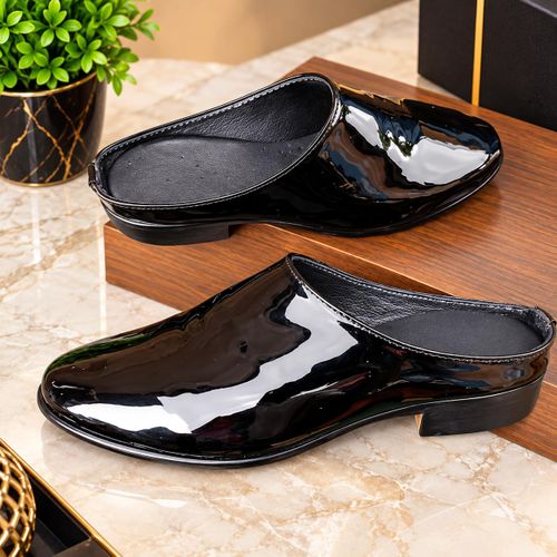 Men Half Shoe Black Wet Lips Leather Black