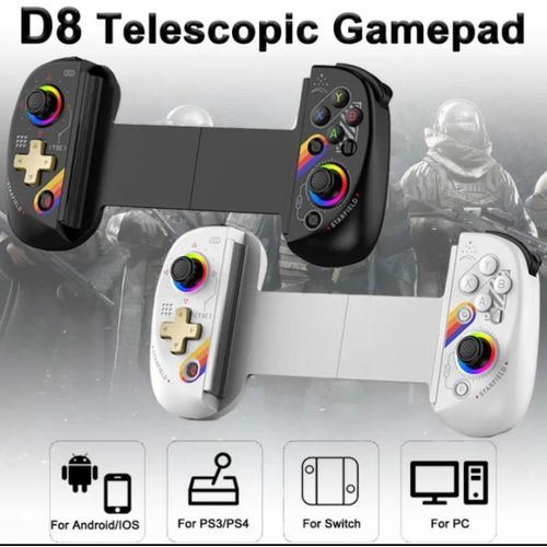 D8 Wireless Game Controller Joystick Gamepad Turbo Rapid Fire RGB Ring Light with Turbo 6-Axis for Android, iOS, PS3, PS4, & PC.