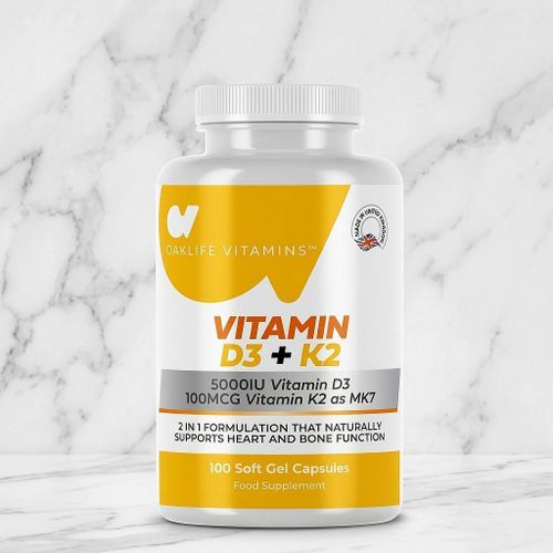 Vitamin D3 + K2 - 5000IU Vitamin D3 - 100mcg Vitamin K2 as MK7 - 2-in-1 Formulation - Naturally Supports Heart & Bone Function - Made in United Kingdom - 100 Soft Gel Capsules - Food Supplement