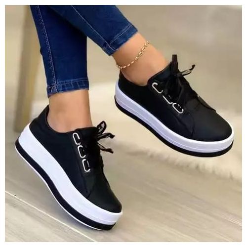 Ladies Bouncing Rocky Heel Sneakers - Black And White