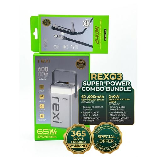 COMBO BUNDLE- Rexi 60,000mAh 65W Super Fast Charging 65W Power Bank for Laptops and Phones+ 240W Type-C to Type-C Foldable Stand Cable (1.5m)