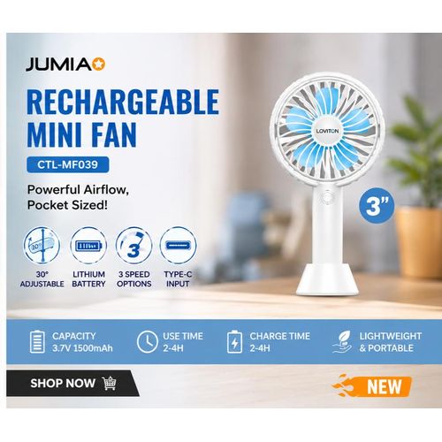 3'' Rechargeable Mini Standing/Hand Fan With LIthium Battery white