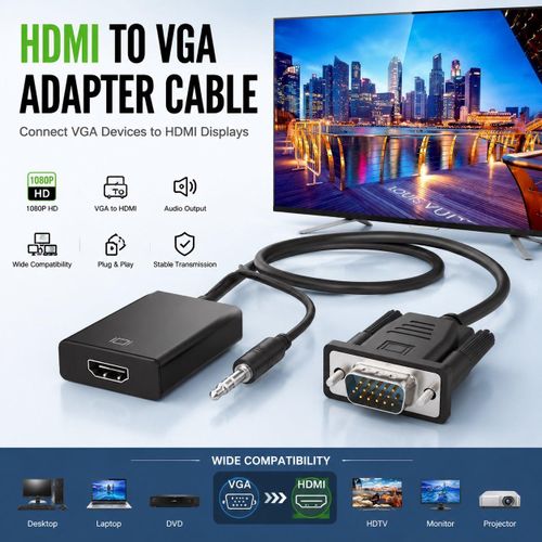 VGA to HDMI Converter Adapter with Audio Output, 1080P Male to Female Cable for PC/Laptop/TV/Projector