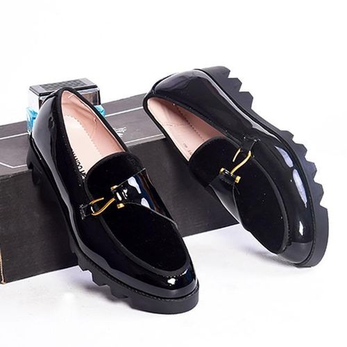 Men's Patent & Velvet Horsebit Loafers - Black Gold Hardware Lug Sole Shoes