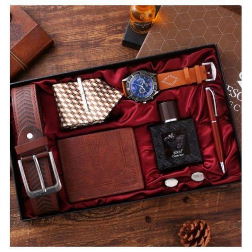 PERFECT MEN GIFT SET (QUALITY LEATHER BELT, WRISTWATCH, TIE WITH ADJUSTER, CUFLINKS, PERFUME, PEN, WALLET) KN