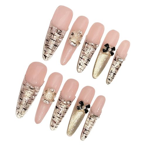 Handmade Long Artificial Nails with Pearl Decor Comfortable Zero Pressure on Nail Bed for Manicure Lovers and Beauty BloggersM NO5119
