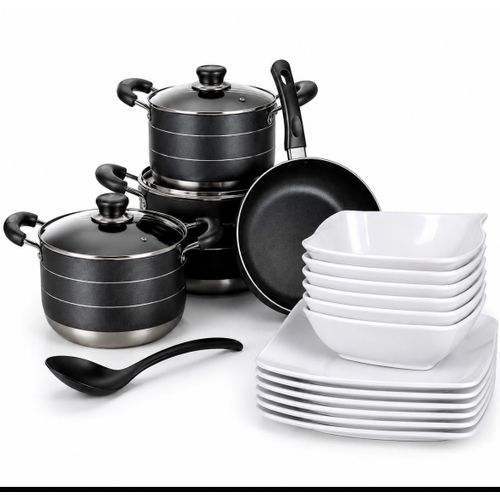 4 Set Non -Stick Cookware + 12 pieces unbreakable ceramic curves and flat plates